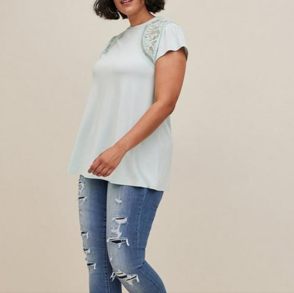 Torrid plus lace shoulders mock neck jersey knit top, 5X, mint blue/ aqua - Picture 2 of 13